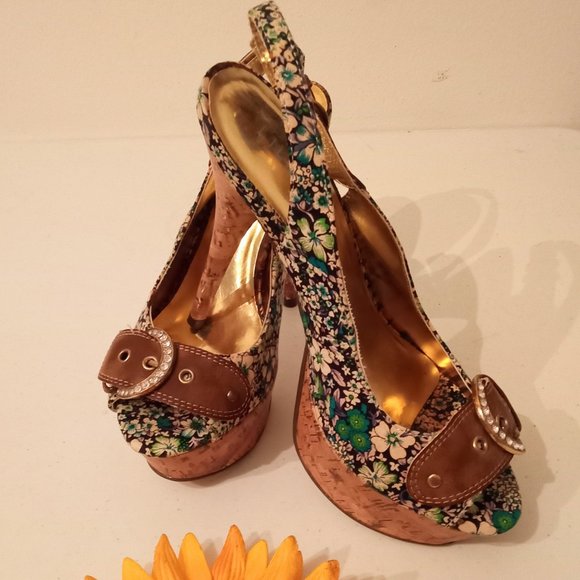 🎀SALE🎀NWOT Rhinestone Cork Platform High Heels Open Toe Buckle Strap Shoes - Picture 5 of 16
